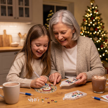 Grandmother and granddaughter making a pearl ornament together