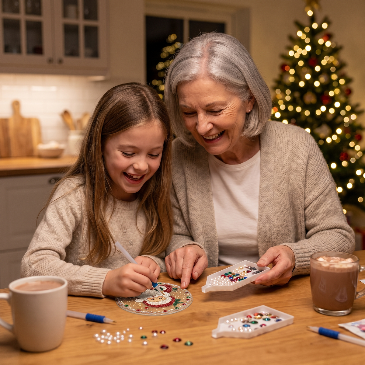 Grandmother and granddaughter making a pearl ornament together