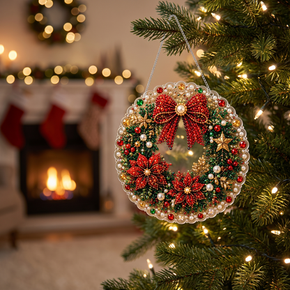 Finished Wreath pearl ornament hanging on a Christmas tree