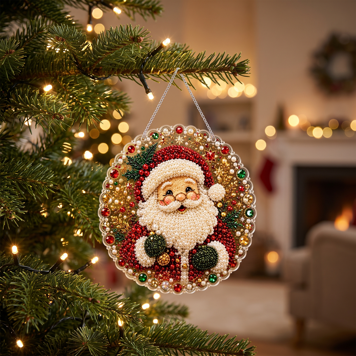 Finished Santa pearl ornament hanging on a Christmas tree