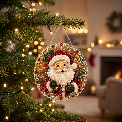 Finished Santa pearl ornament hanging on a Christmas tree
