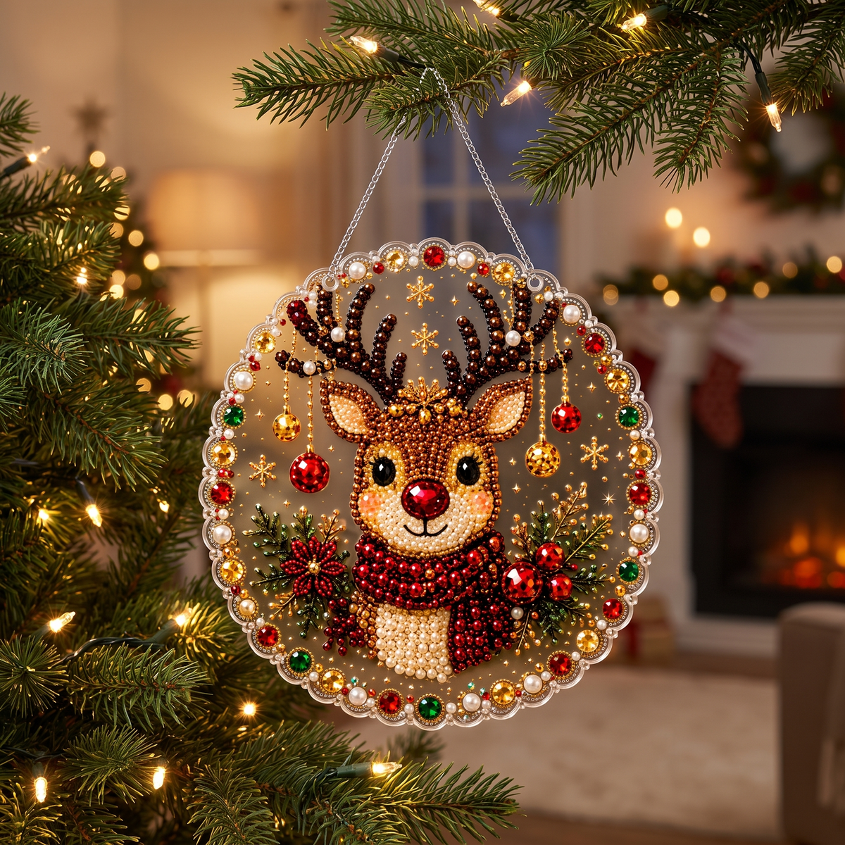 Finished Reindeer pearl ornament hanging on a Christmas tree