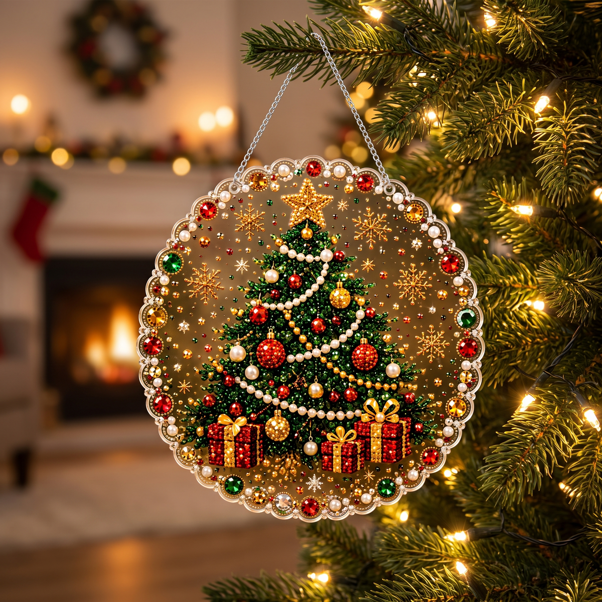 Finished Christmas Tree pearl ornament hanging on a Christmas tree