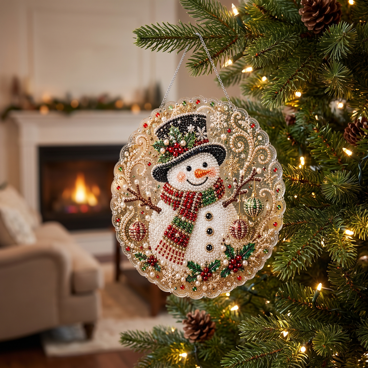 Finished Snowman pearl ornament hanging on a Christmas tree