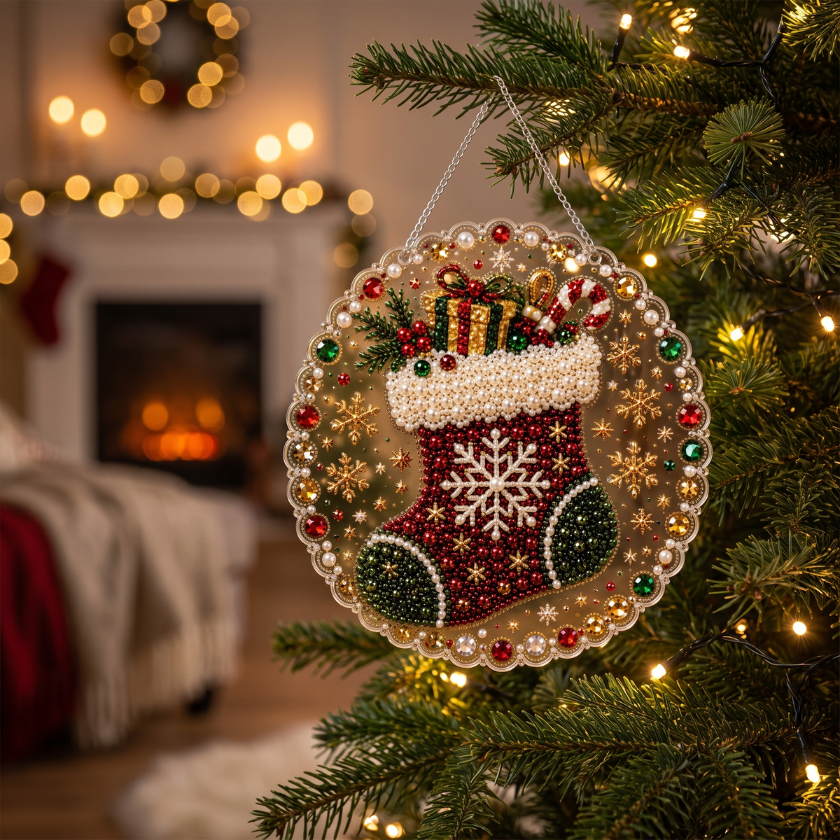 Finished Stocking pearl ornament hanging on a Christmas tree