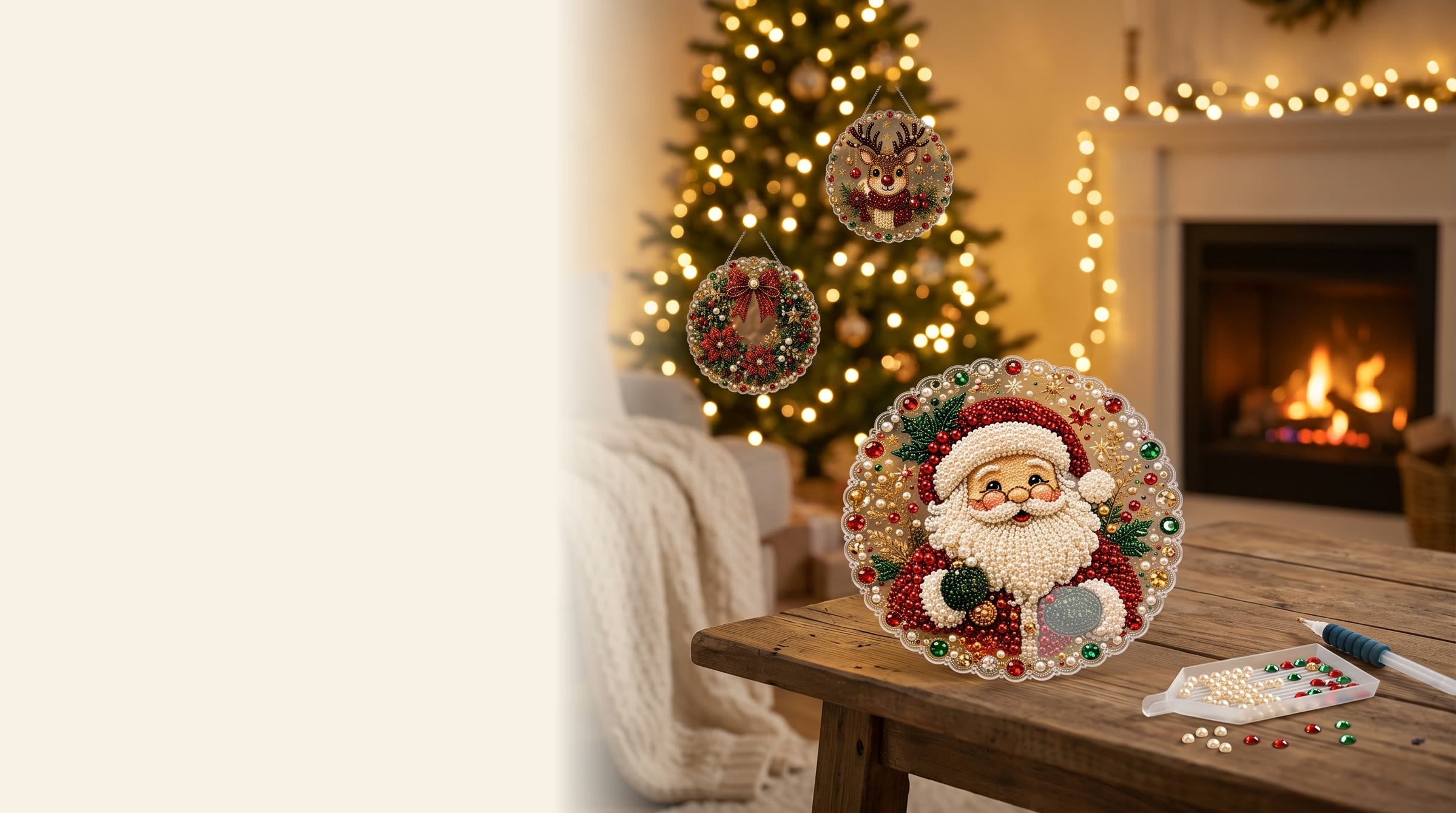 A half-finished DIY pearl Santa ornament on a table by a lit Christmas tree